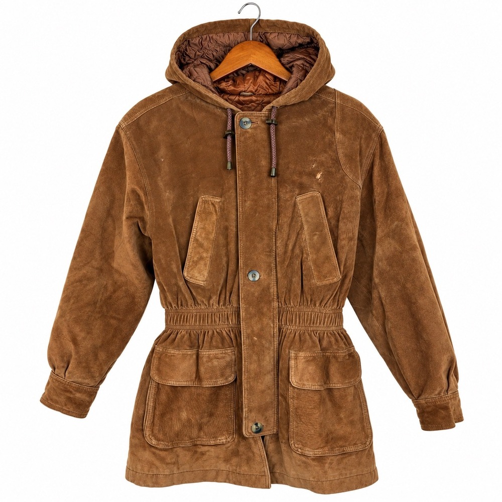 Vintage 90s Express Coat XS Genuine Leather Suede Hooded Oversized Brown Boho